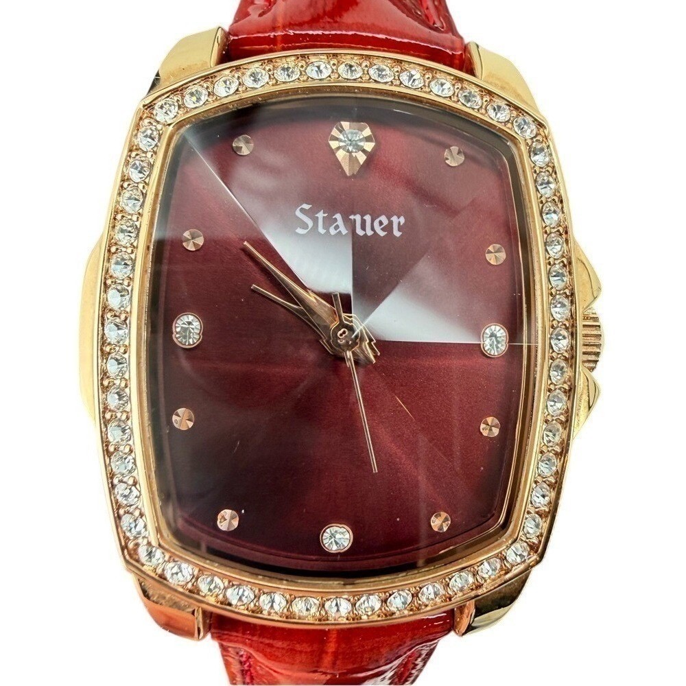 Stauer Womens Red Burgundy Crystal Bezel Gold Tone Leather Watch New Battery
